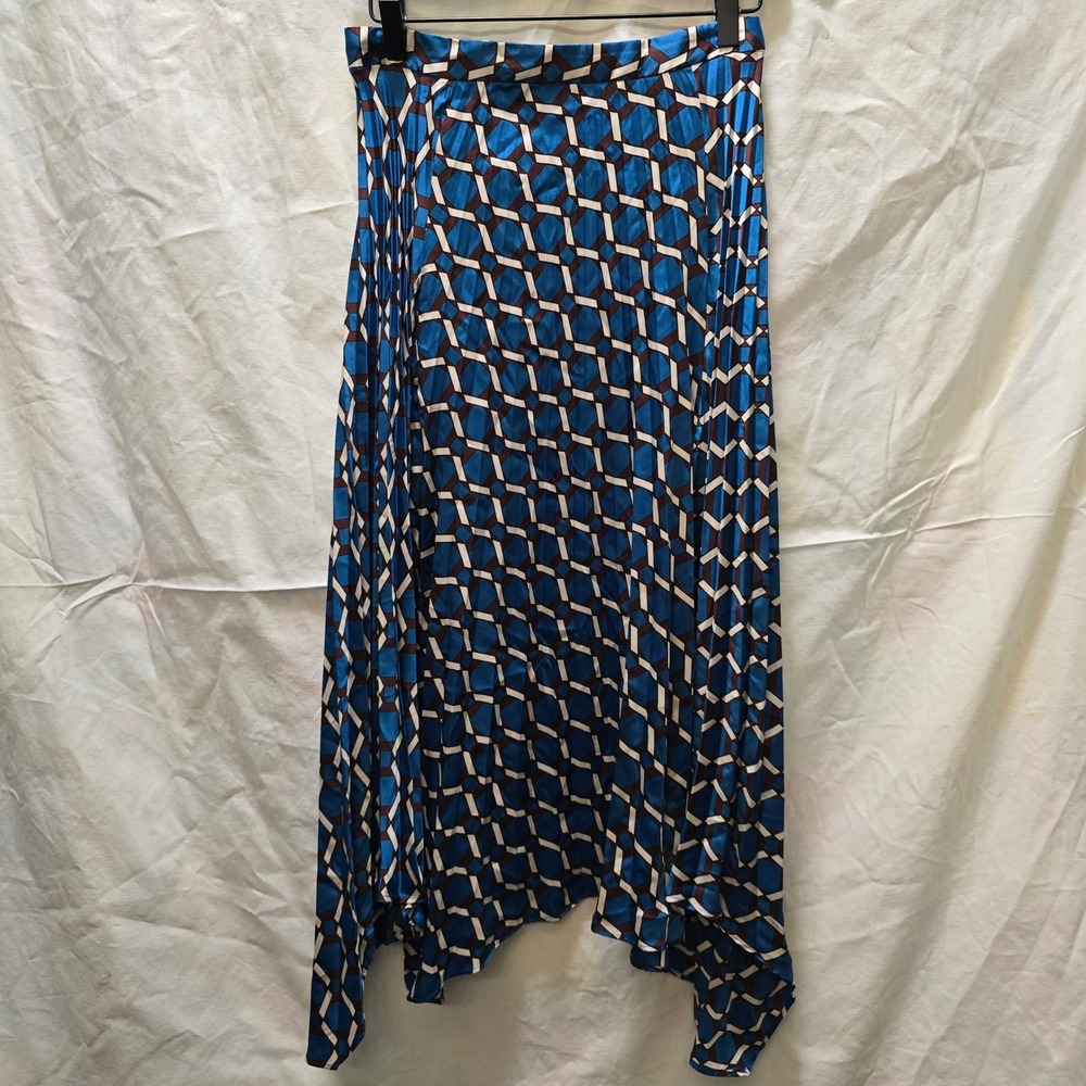 Zara Queen Rania Pleated Midi Skirt Blue Geometric Print Asymmetrical Hem Small